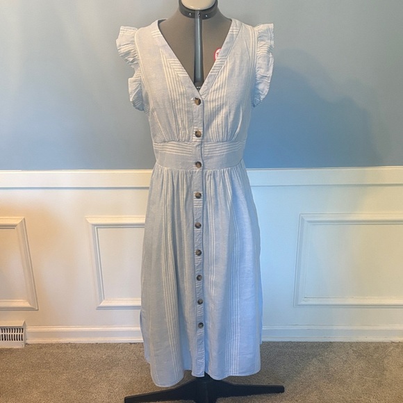 Light Blue with White Striped Ruffle Sleeve Button Front Dress LNWOT - Picture 3 of 14